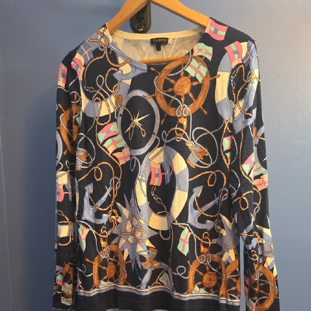 Talbots Long Sleeve Top with Nautical Print - Blue, Orange, and Pink